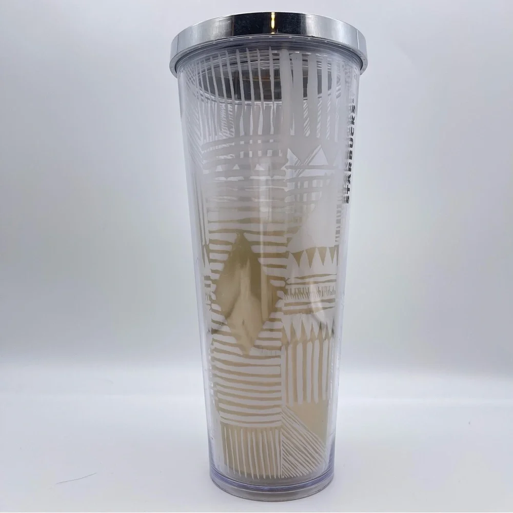 Starbucks 2014 Gold Silver White Ombré Tribal Aztec Geometric Print Tumbler Cup